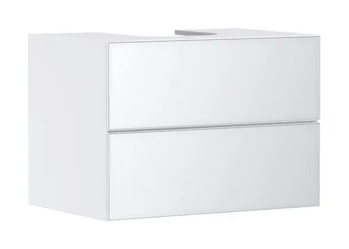 Weißer Waschtischunterschrank von Hansgrohe mit zwei Schubkästen, geeignet für einen Aufsatzwaschtisch, in schlichter, moderner Form.